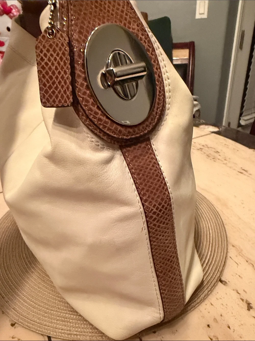 Coach 2011 Cream Hobo Bag with Brown Snake skin Patent Leather Trim & Hangtag
